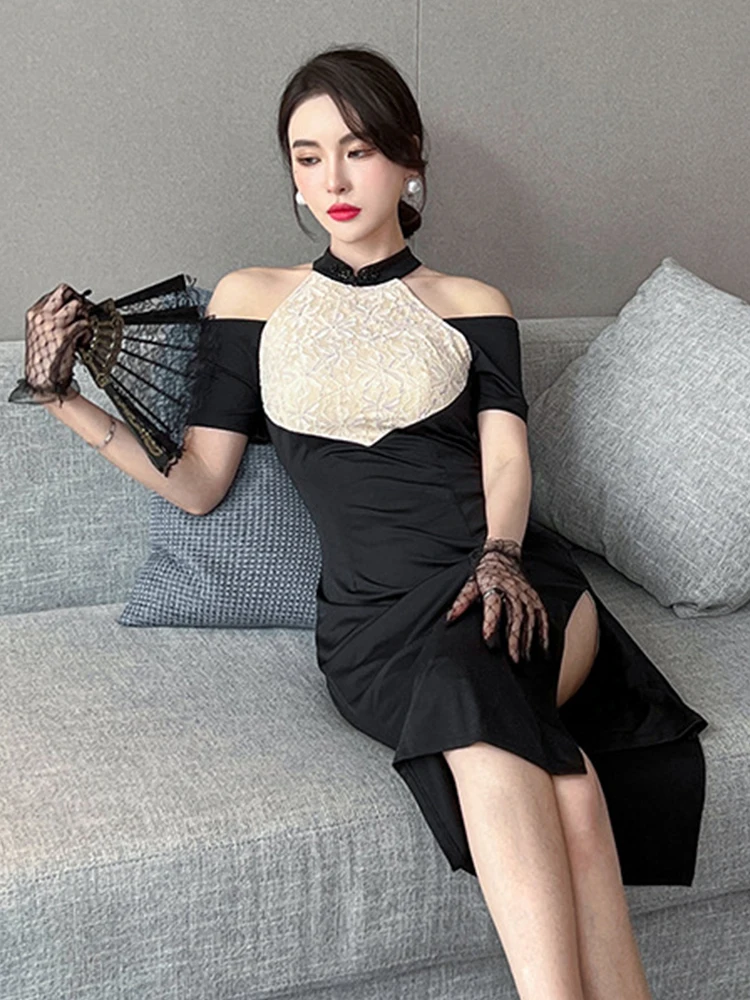 Элегантное женское платье с открытыми плечами Кружевное облегающее средней