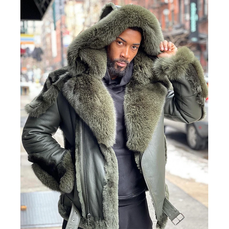 Natural Fox Fur Collar Patchwork Real Sheepskin Motorcycle Jacket Men's High Street Thick Tops Winter Genuine Fox Fur Coat Male