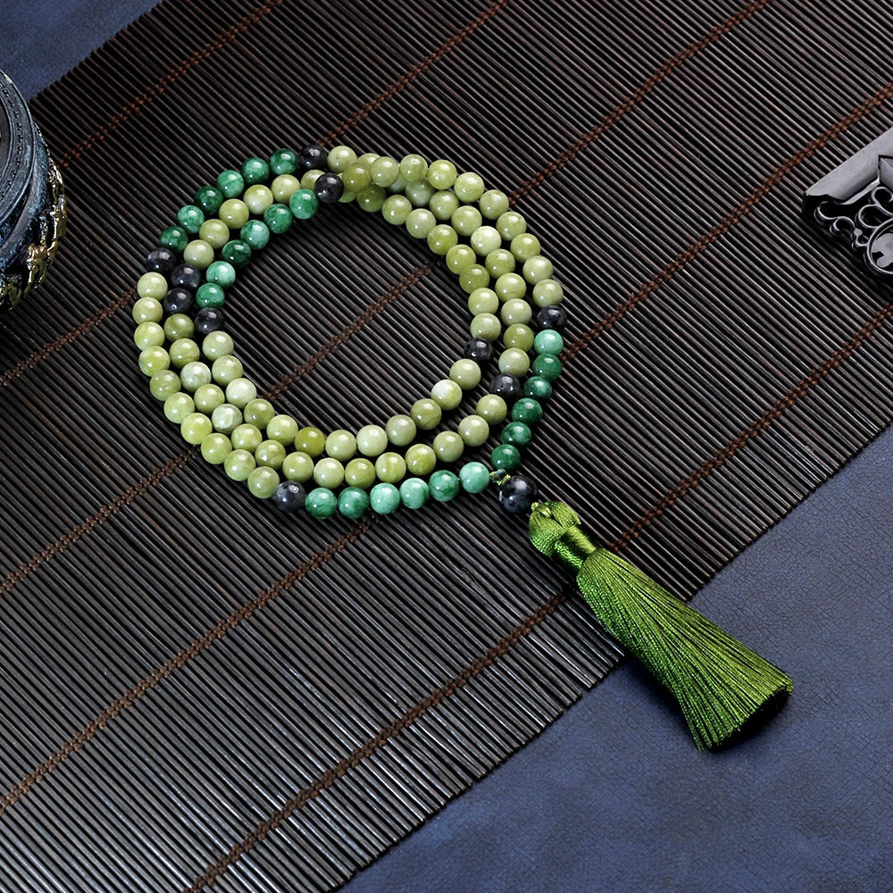 108 Mala Female and Male granite Necklace, 8mm, Japamala, Yoga, Prayer, Meditation,Tassel green cotton