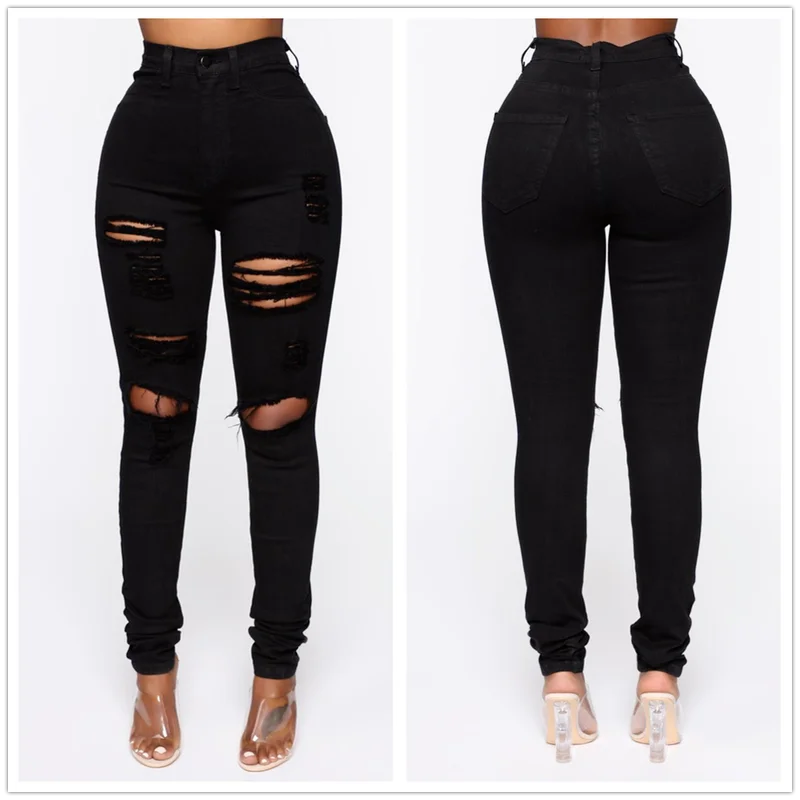 

2022 New Black Ripped Jeans for Women Fashion High Waist Denim Pencil Pants Stretch Slim Skinny Trousers XS-XL Global Drop Ship