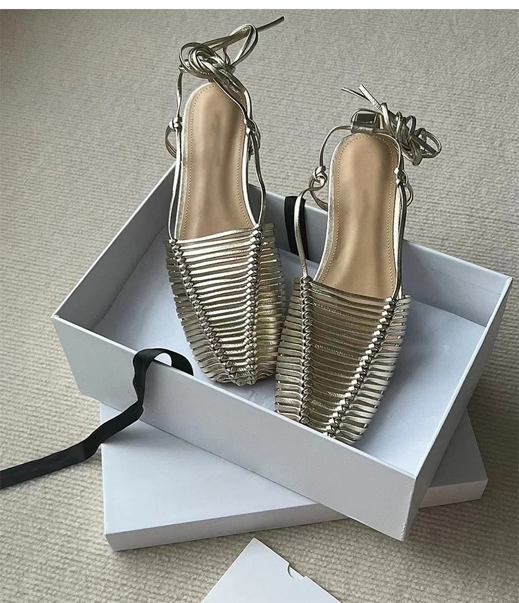 Сандалии с ремешком на щиколотке плетеные тапочки плоской подошвой круглым