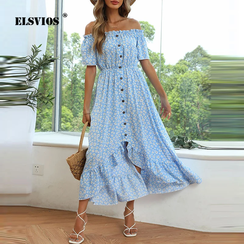 

Женское Асимметричное Платье-миди с цветочным принтом, открытыми плечами и высокой талией