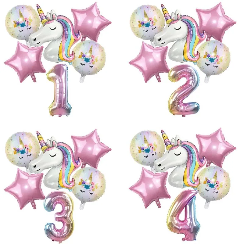 

6 Pcs/Set Unicorn Themed Rainbow Aluminum Film Number Balloons Kids Birthday Party Decorations Girl Gift Toy Baby Shower