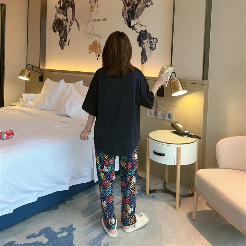 Disney Mickey Mouse 2 Pieces Set Pjamas for Women Summer New Short Sleeve Shirt and Graphics Pant Ladies Soft Night Wear Suit