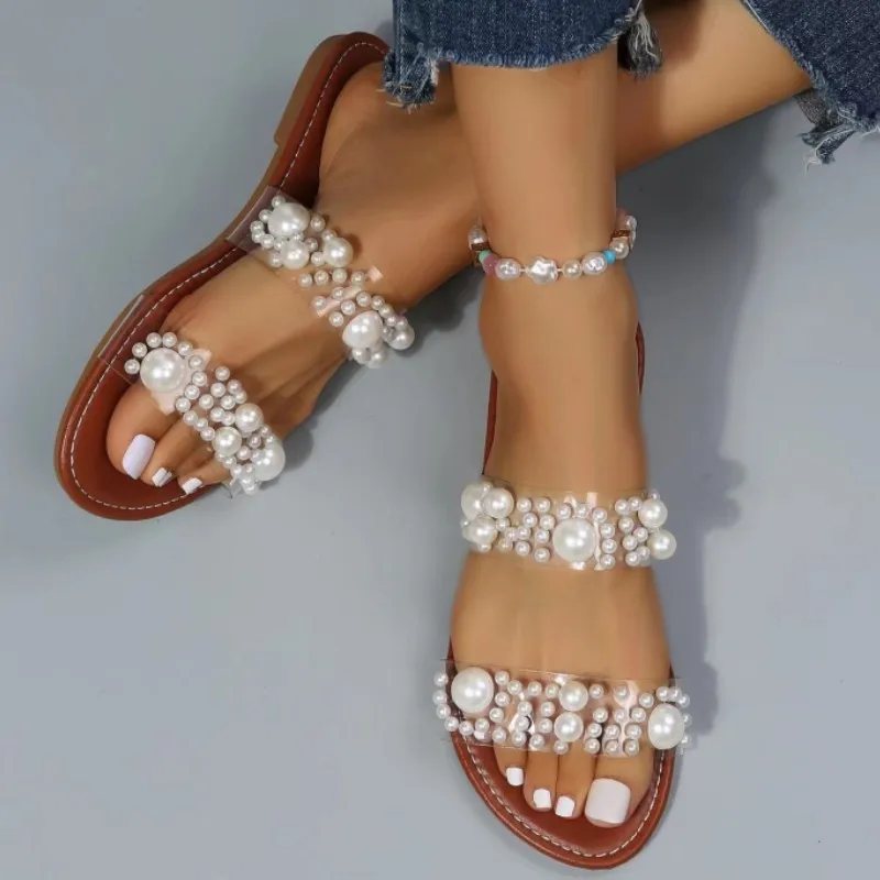 

2023 New Summer New Women Slippers Thick Heel Transparent Ladies Shoes Colorful Rivets Flat Heels sandals