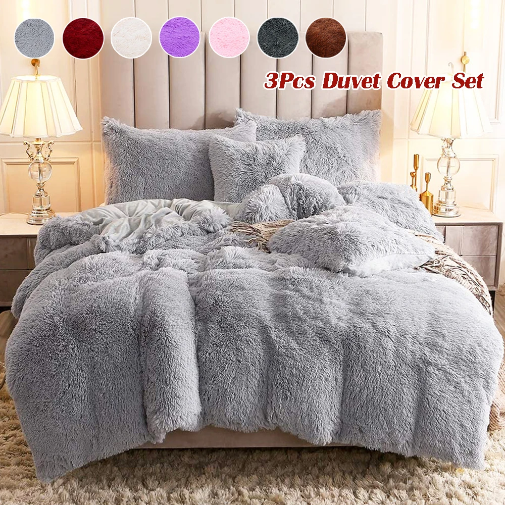 Fall Winter Plush Duvet Cover Pillowcase Machine Washable Faux Fur Velvet Fluffy Large Super Soft Comfort Three Piece Set