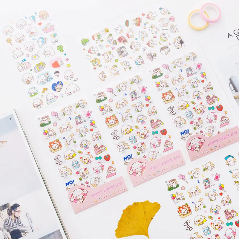 

6 Sheets/Set Kawaii Big Ear Puppy Dog Adhesive Stickers Decorative Album Diary Stick Label Paper Decor Hand Account