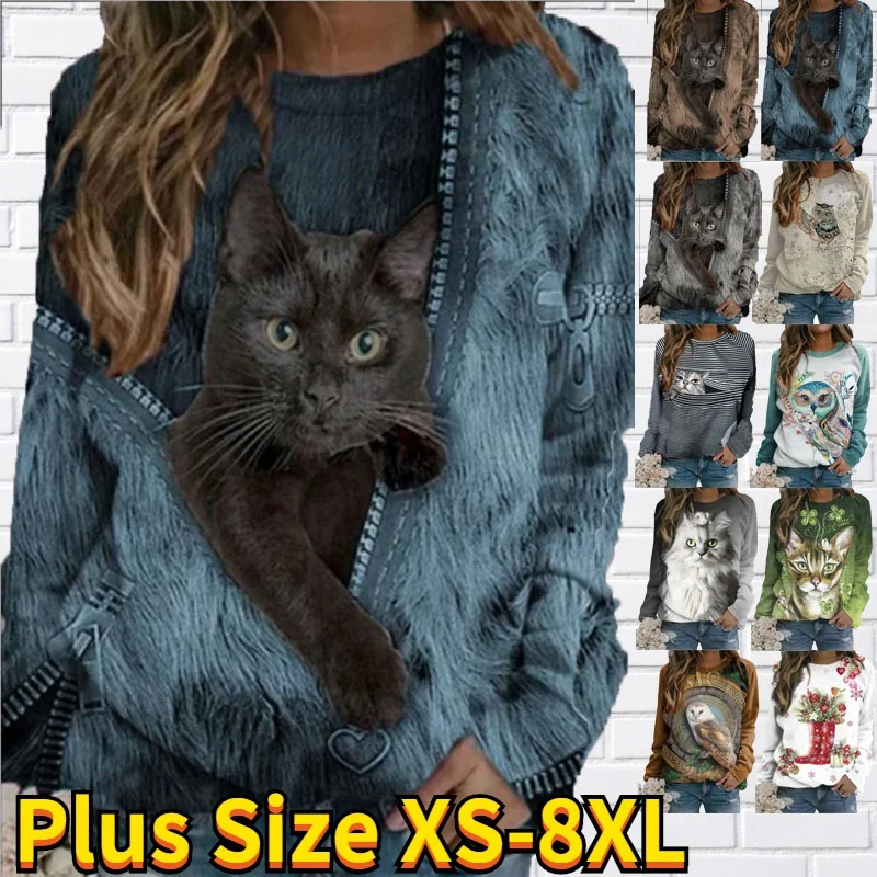 Y2K Clothes T-Shirt Clothes For Women Round Neck New In Top Anime Kawaii Cat Print Long Sleeves In Autumn And Winter T-Shirt