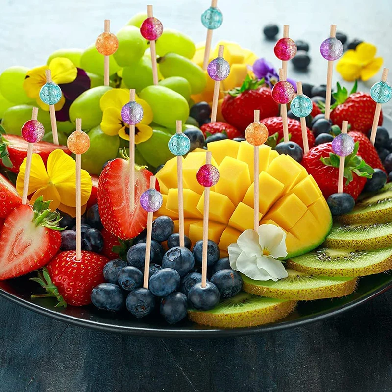 

100pcs Fruit Sticks Colorful Beads Bamboo Fruit ForkCocktail Salad Snack Sandwich Buffet Toothpicks Fountain Wedding Party