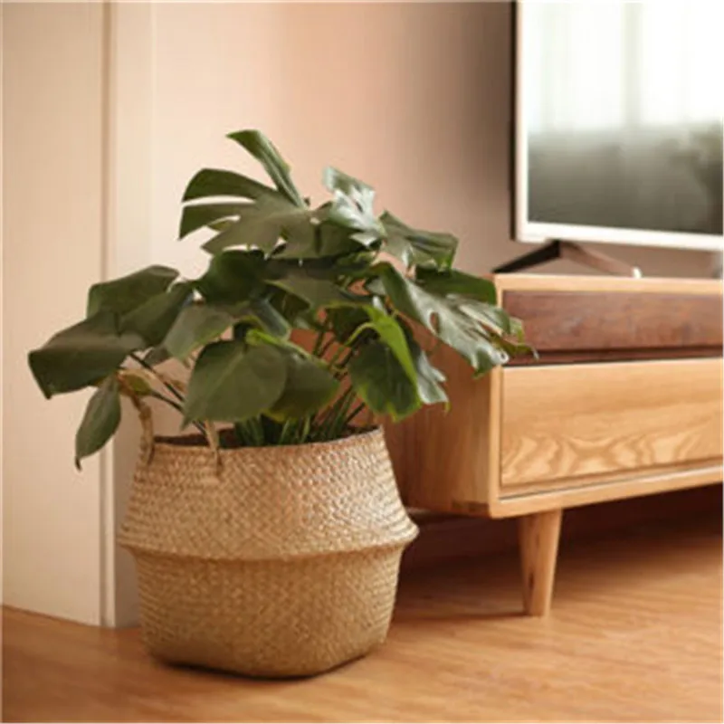 

Basket Rattan Folding Wicker Handle Round Natural Sea Grass Plant Storage Wood Garden Flower Pot Decoration Modern Compilation