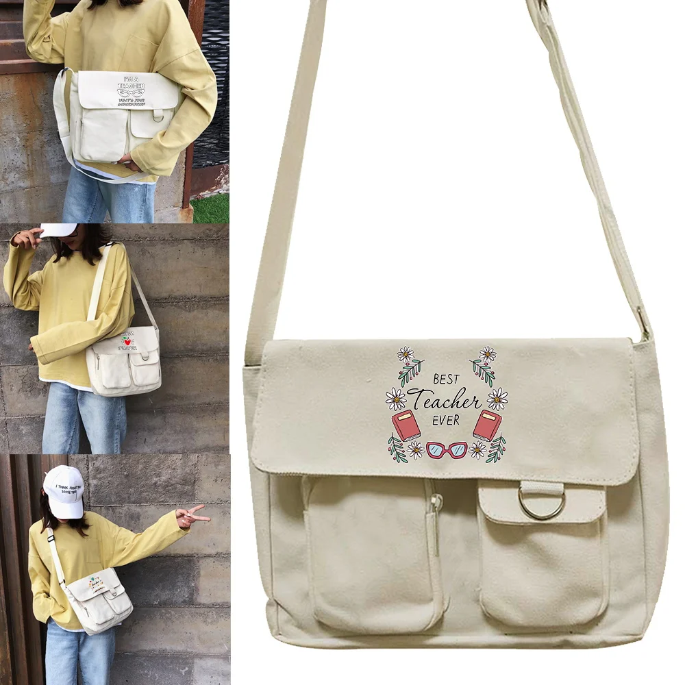 

Crossbody Bag Women Casual Messenger Pouch Japanese Shoulder Bags Teacher Print Organizer Harajuku All-match Canvas Postman Case