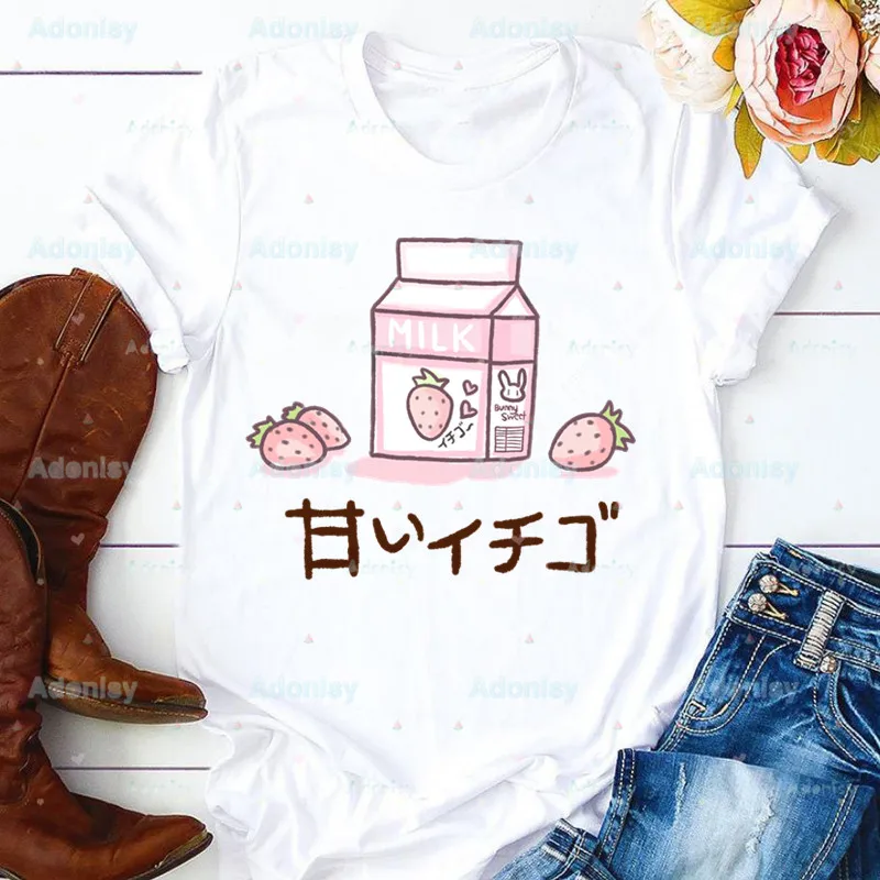 

Japan Strawberry Aesthetic Women Harajuku Summer Tops Tees Women Kawaii T-shirt Girl Juice Graphic Print T Shirt ,Drop Shipping