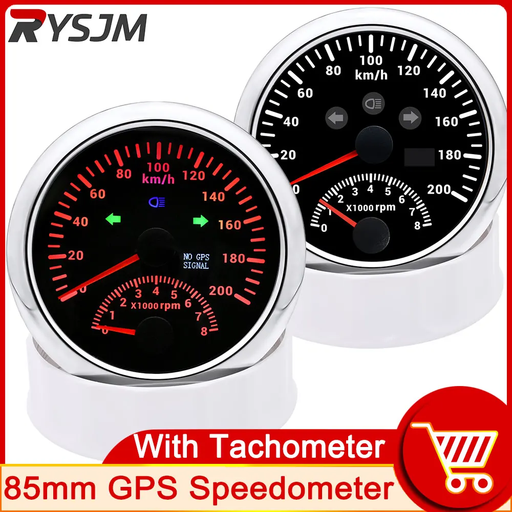 HD 85mm Tachometer 8000 RPM 200 Km/h GPS Speedometer 2 In 1 Gauge with Left and Right Turn Signals for 12V 24V Motorcycle Boat