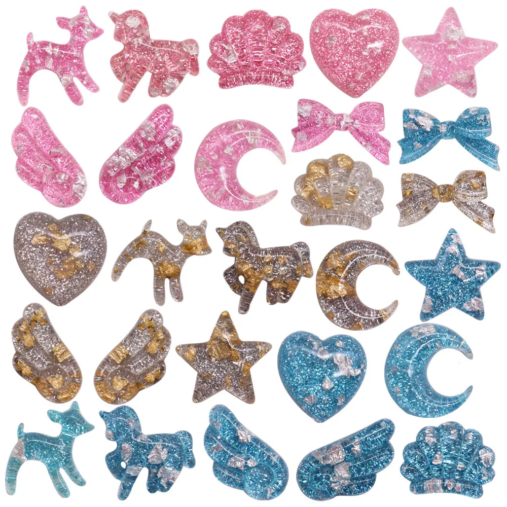 

Mix 50PCS Resin Croc Charms Blue Sequin Transparent Bow Moon Wings Stars Heart Dog Shell Hole Shoes Ornaments Accessories