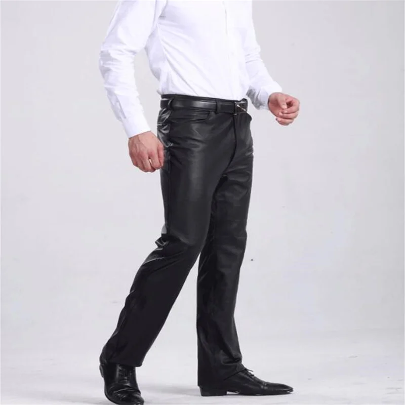 Fashion motorcycle pants men trousers casual thermal leather pants for men autumn winter velvet thicken straight