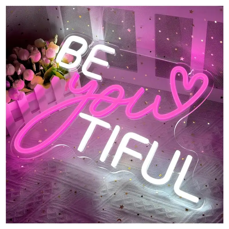 Фото Неоновая вывеска Be Your Tiful, светильник с регулируемой яркостью, питание от USB, для спальни, детской комнаты, украшения стены дома, 35 см x 26 см №4
