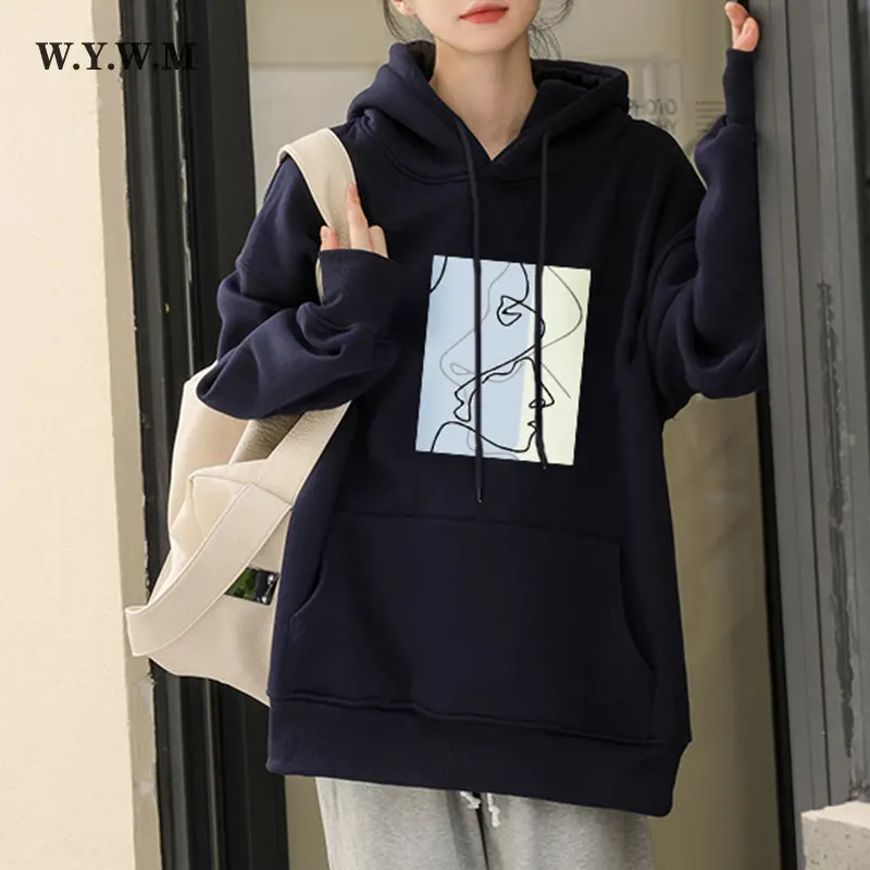 

Худи WYWM с принтом в виде абстрактных линий и графических персонажей, женская мягкая флисовая толстовка, пуловер, базовая черная и розовая Женская одежда