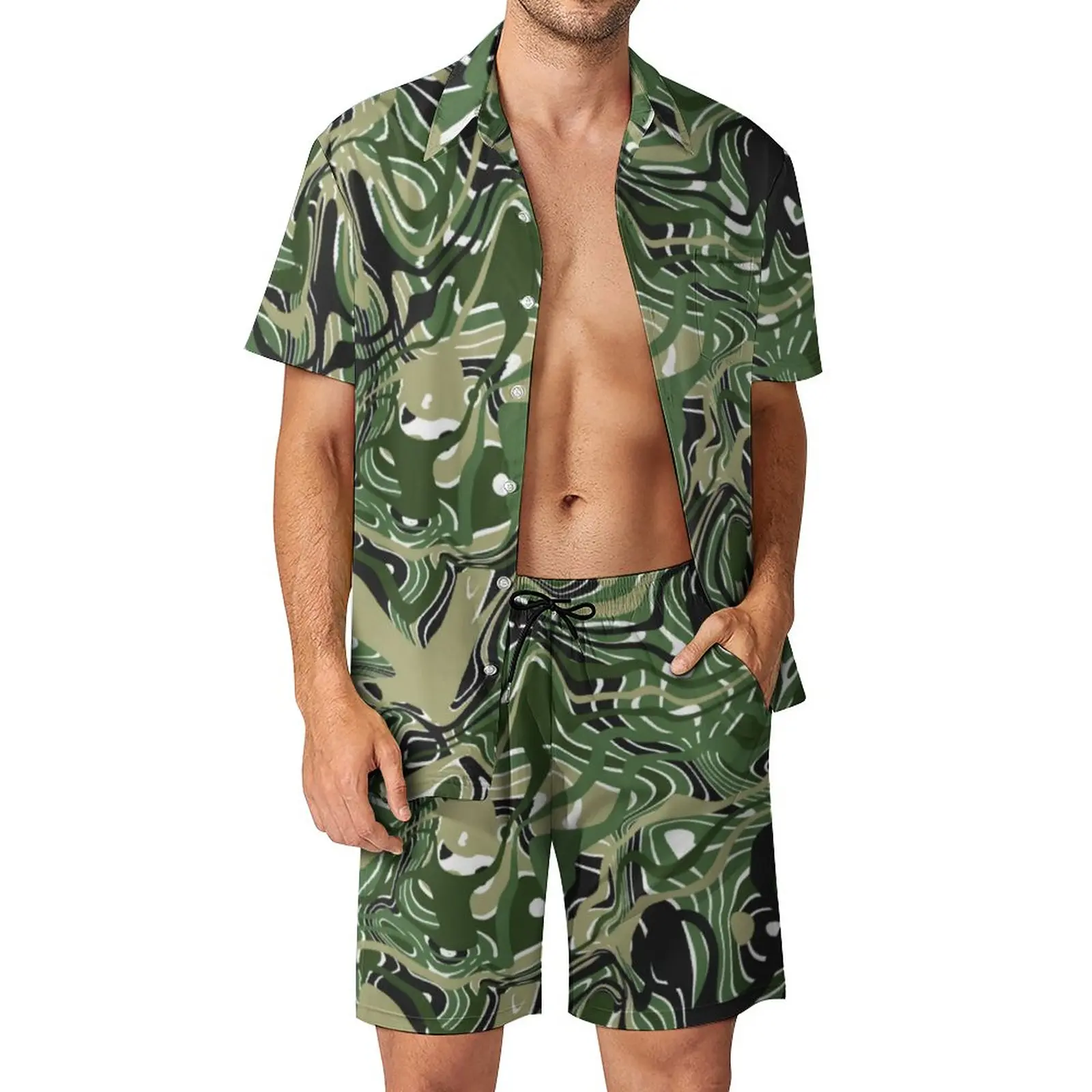 

Abstract Print Men Sets Camo-like Liquid Casual Shirt Set Hawaiian Beach Shorts Summer Design Suit Two-piece Clothing Plus Size