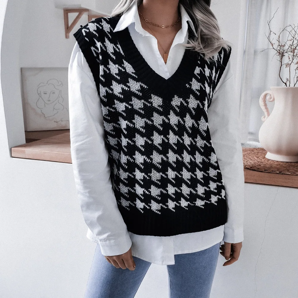 2022 Autumn and Winter V-neck Houndstooth Casual Loose Knitted Vest Sweater Vest Women's Clothing кофта женская
