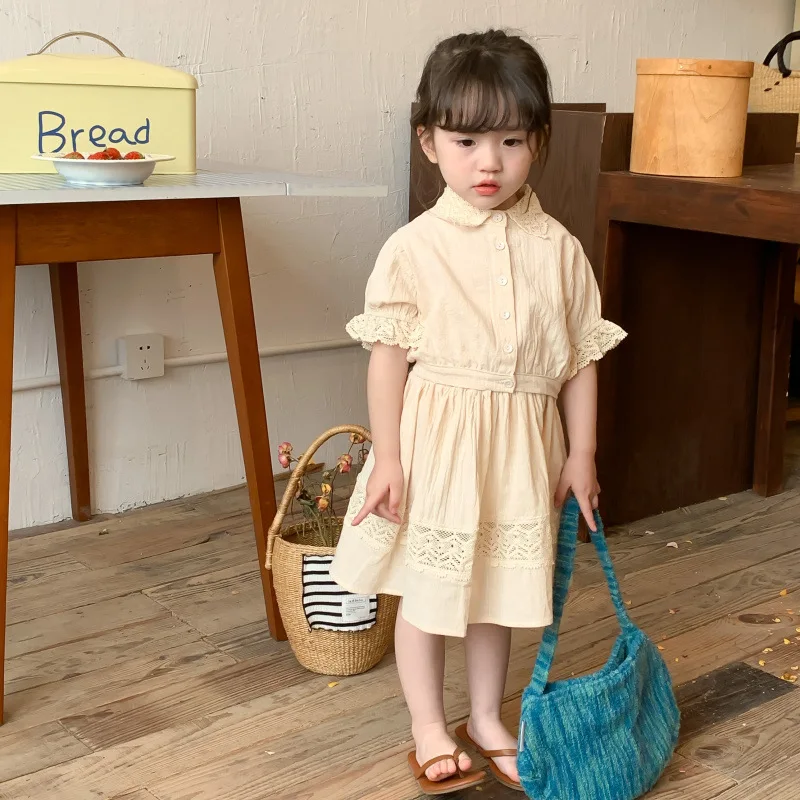 

Комплект летней одежды для девочек 2-7 лет, кружевная рубашка с коротким рукавом и юбка, корейский стиль, 2023