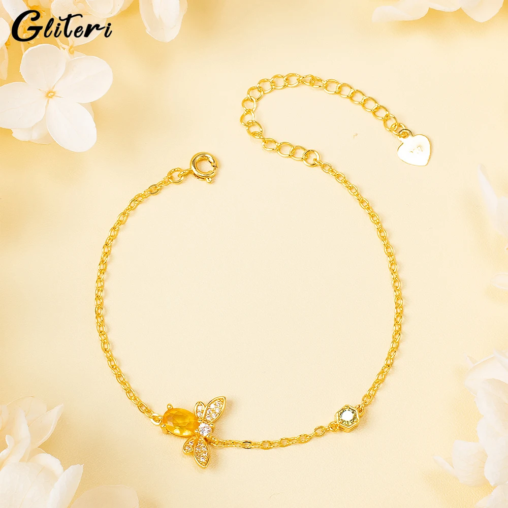 

GEITERI Fashion Gold Color Bee Chain Bracelets For Women Girls Natural Yellow Crystal Copper Zircon Bangles Charm Jewelry Gifts