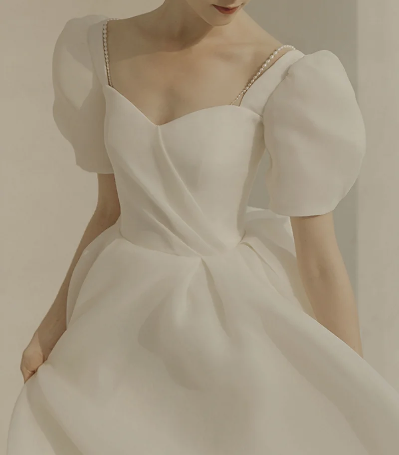 

Simple A Line Satin Wedding Dress Korea Style Bow Back White Long Bride Formal Gown Sweetheart Short Sleeve Reception Dresses