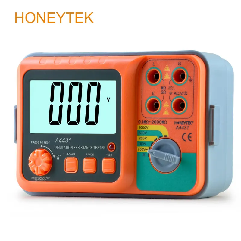 

HONEYTEK Insulation Resistance Tester A4431 1000V 0.1MΩ~2000MΩ Digital Megometer Megohmmeter Ohm Tester Auto Range Test Voltage