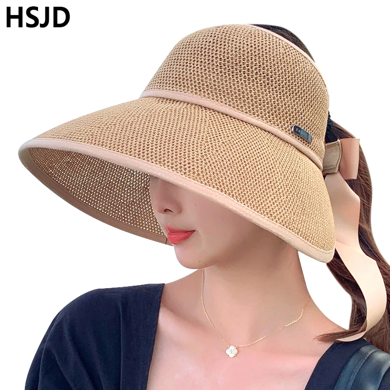 

Women Fashion Big Bow Large Brim Empty Top Hat Summer Straw Sun Hats Hollow Breathable Adjustable Beach Anti-UV Sunscreen Cap