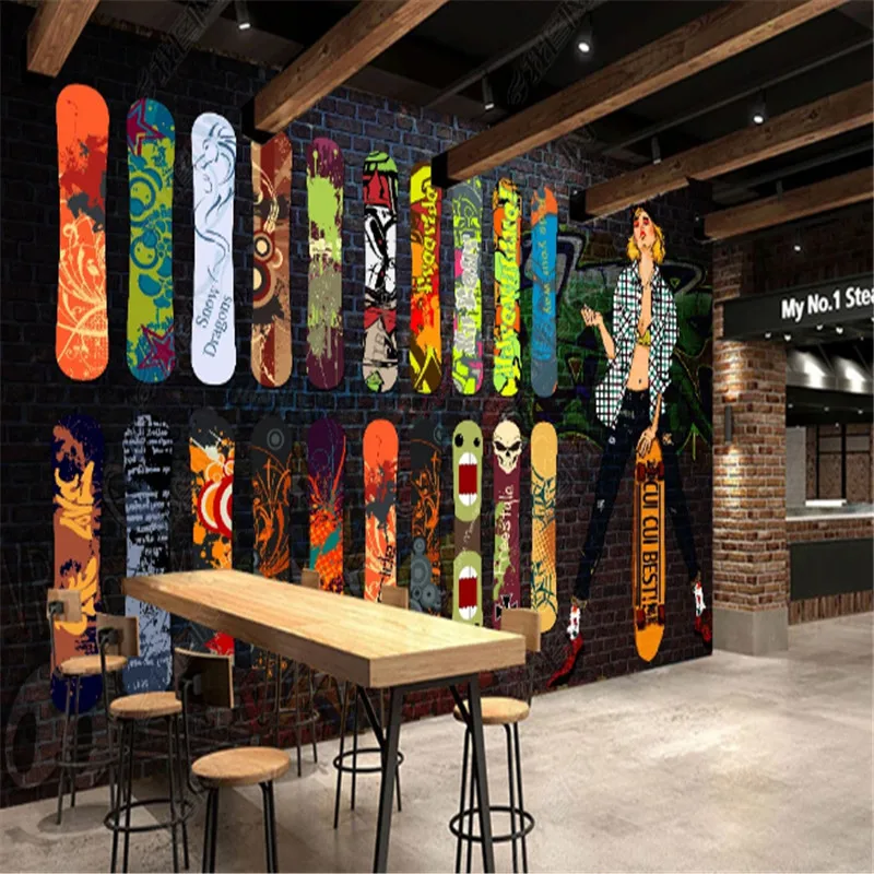 Пользовательская уличная спортивная скейтборд граффити обои промышленного декора ностальгической кирпичной стены фоновые бумаги фрески.