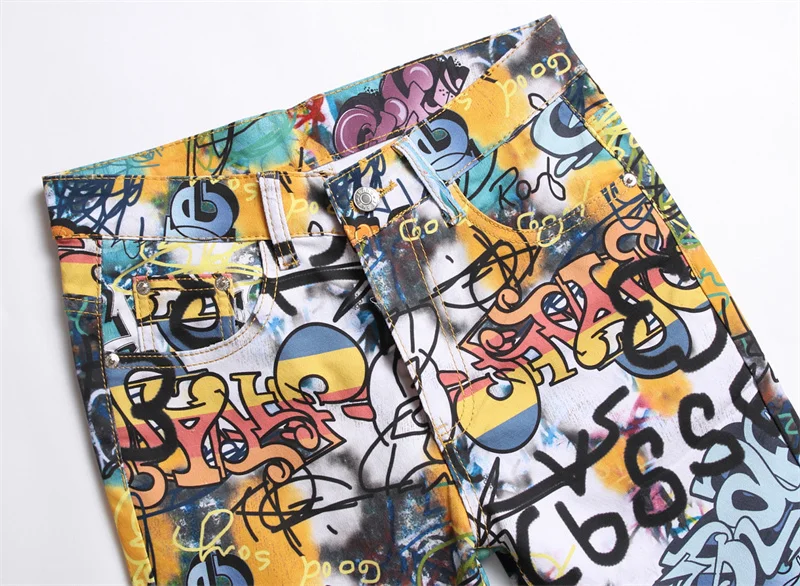 Men's Colorful Graffiti Printed Jeans Y2K Colorful Slim Fit Tapered Elastic Casual Pants Fashion Street Clothing Small Foot Pant