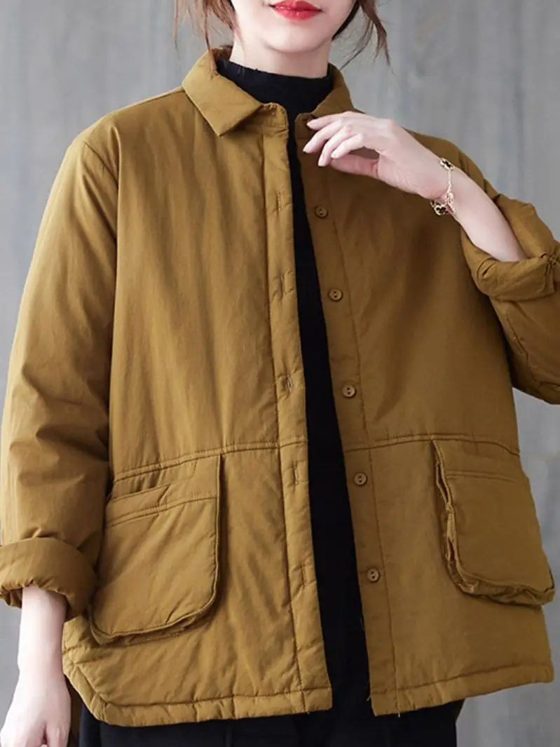 

Женская осенне-зимняя однобортная стеганая куртка, новинка 2022, свободное хлопковое пальто с длинными рукавами и карманами и широкой талией