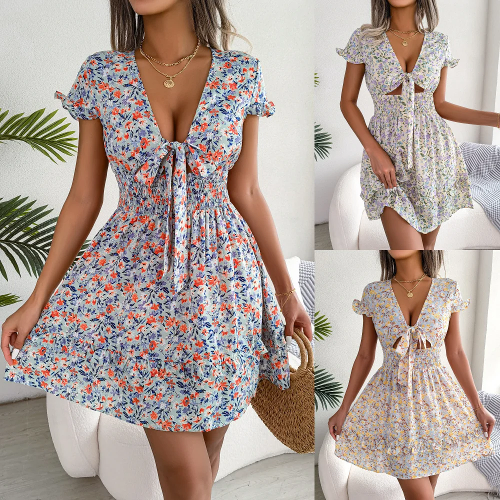 

Ins spring summer casual floral lace up V-neck holiday dress womenShort dresses sexy