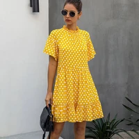 summer polka dot print dress women o neck short sleeve casual loose big hem dresses 2021 fashion yellow white woman sundresses