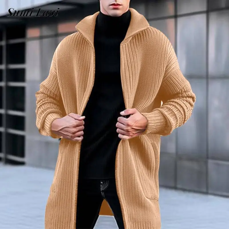 

Винтажный вязаный кардиган средней длины, мужская осенне-зимняя теплая верхняя одежда, мужская повседневная однотонная плиссированная вязаная куртка с длинным рукавом, пальто