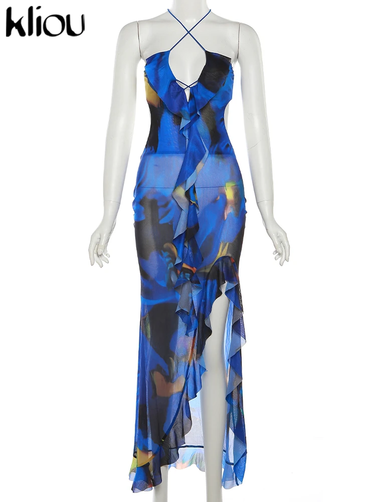 Kliou/летнее женское платье миди Сетчатое сексуальное перекрещенное с лямкой на