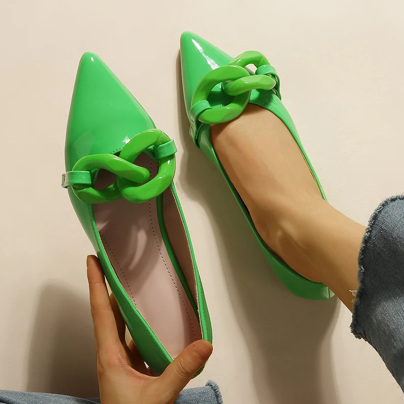 ZOOKERLIN Pointed Toe Patent Leather Women's Shoes Flats Shoes Fashion Chain Pumps Dress Shoes Slip On Simple Solid Color Ladies