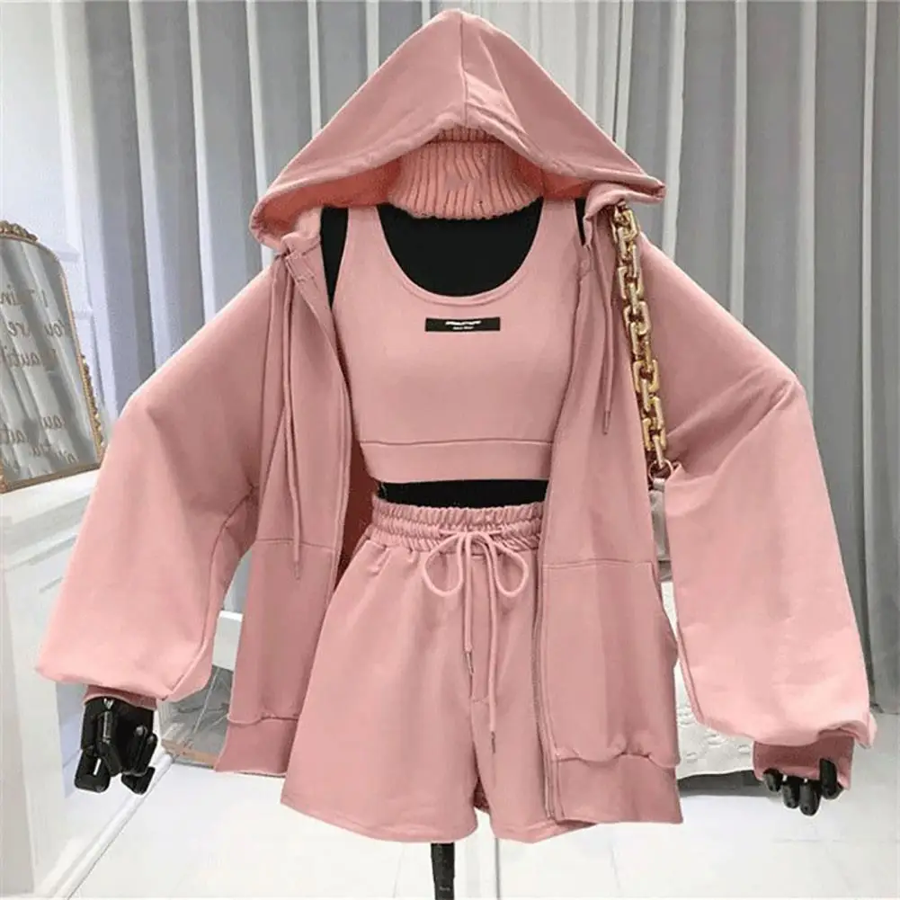

1 Set Women Hooded Zipper Coat Pocket Design Solid Color Long Sleeve Polyester Three Piece Women Coat Drawstring Shorts Vest Set