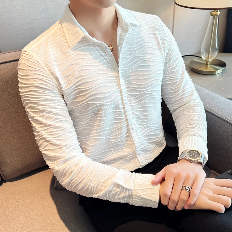 2022 Water Ripple Shirts for Men Autumn Long Sleeve Slim Fit Casual Shirt Business Social Dress Shirts Party Tuxedo Blouse M-4XL