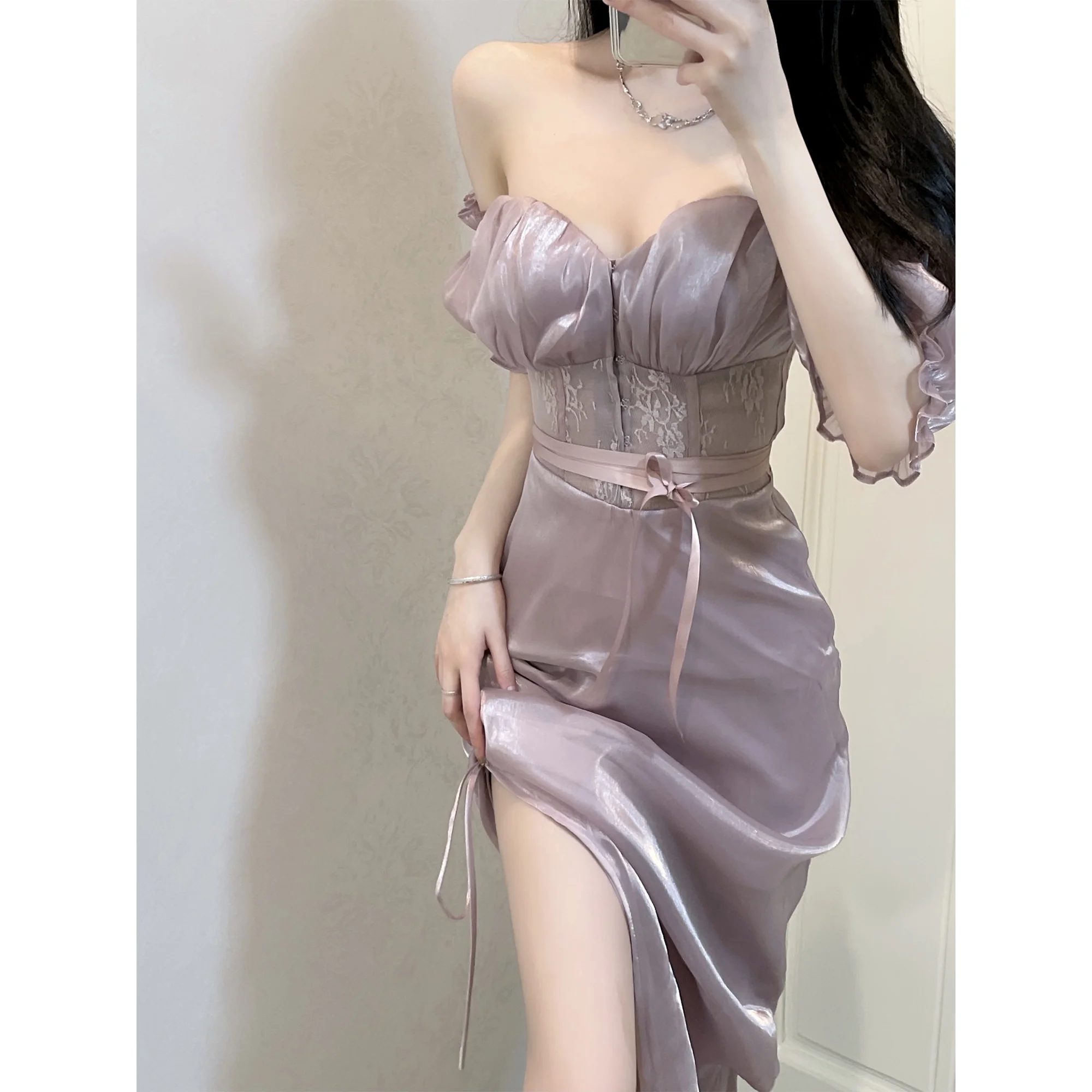 

Платье женское на одно плечо во французском стиле, весна 2023 г., Новое высококачественное платье с рукавами-фонариками, роскошное, женское элегантное, длинное по талии