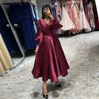 short evening dress for wedding party v neck appliques satin beaded prom gown formal vestidos elegantes long sleeve nipped waist