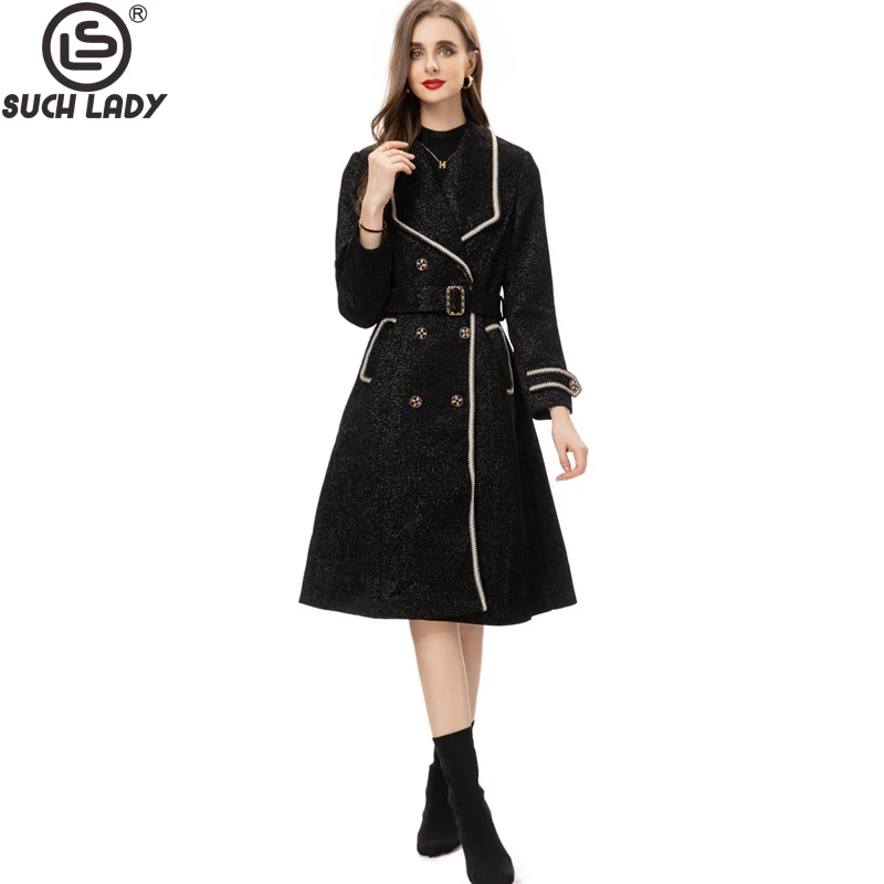 

Женский подиумный Тренч с отложным воротником, двубортный модный Тренч с длинным рукавом и поясом, верхняя одежда