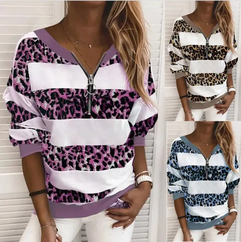 

2022 women's spring new V-neck leopard print long-sleeved women's top