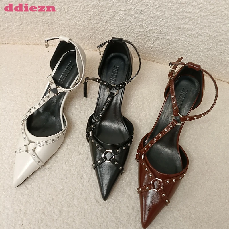 

Women Pumps Rivet Female Shoes Thin High Heels 2023 New In Fashion Ladies Sandals Slides Pointed Toe Outside Party Footwear