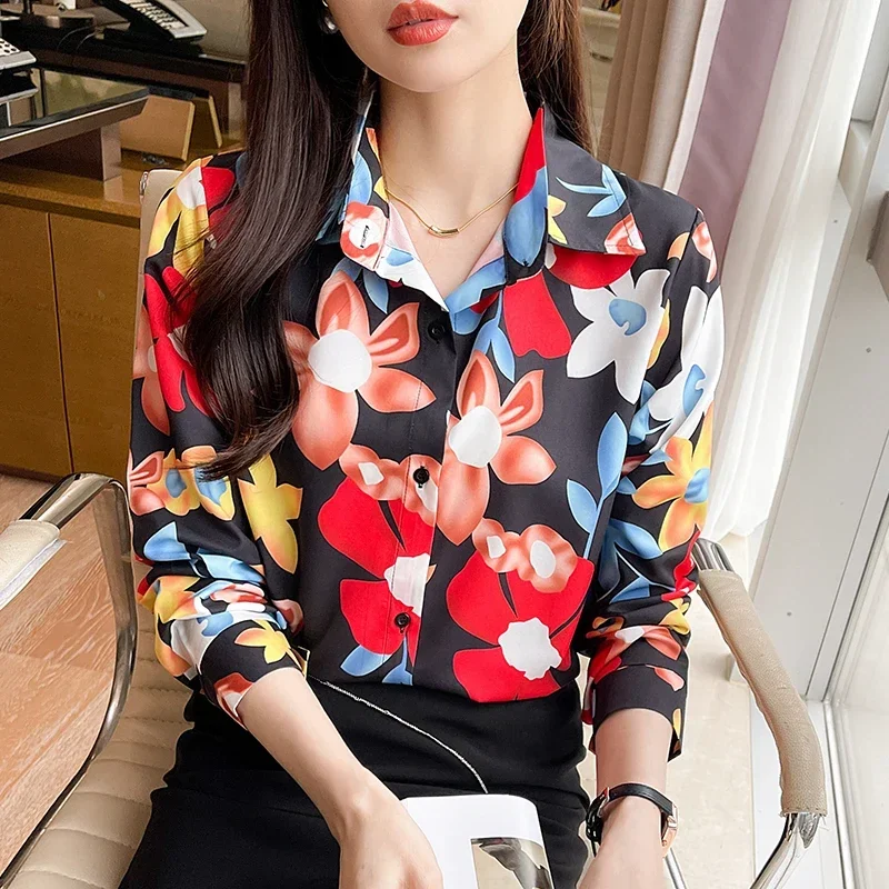 

New Women's Blouse Chiffon Spring/Autumn Casual Fashion Simplicity Tops Flower Print Long Sleeved Lapel Shirt