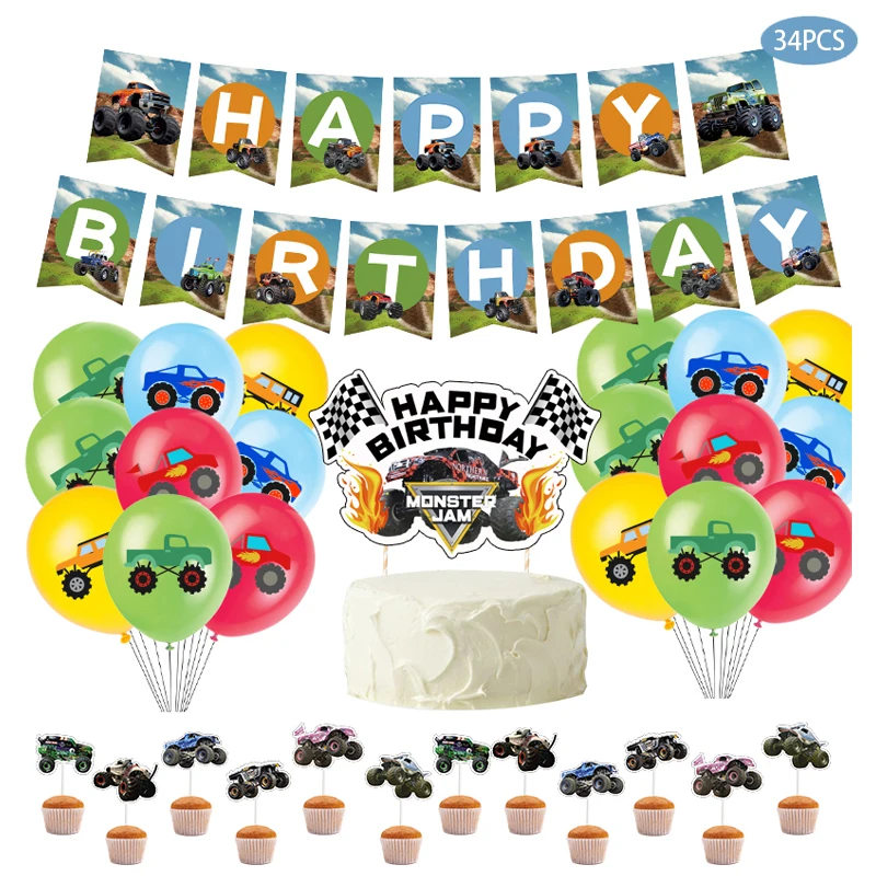 

34pcs Racing Car Balloons Banners Cake Topper Theme Party Happy Birthday Theme Decoration Baby Shower Kids Toy Globos Supplies
