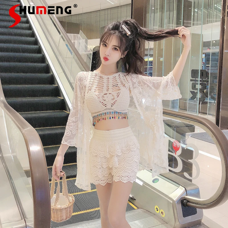 

Swimsuits Woman 2022 Sexy Beach Cover Up Women Beige Tunic Cardigan Sarong Bikini Mid-length Crochet Top for Women Beachwear