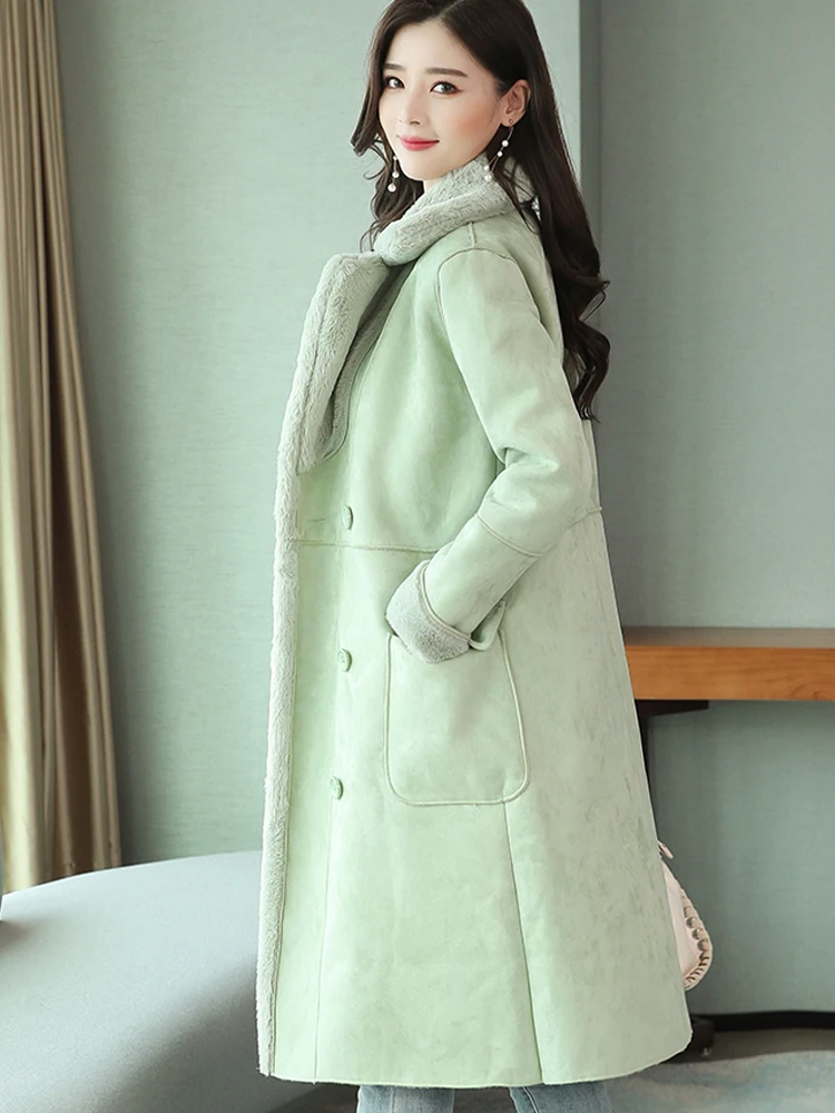 Velvet Thicken Woman Long Coat Jacket Warm Faux Suede Parka Female Double Breasted Gray Jacket 2022 Winter  Women'S Clothing