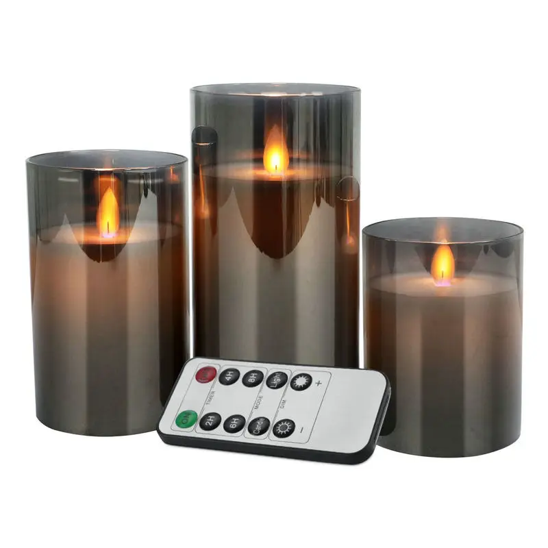 

Remote controlled Battery operate Pillar Candle Paraffin Wax LED Glass Candle set Dancing Swinging wick Home Bar Decoration-Gray