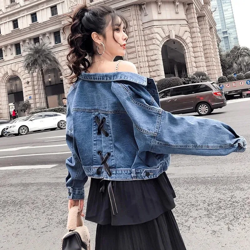 

Korean Denim Jacket Women Denim Jacket Short Jeans Collar Button Strap Coat