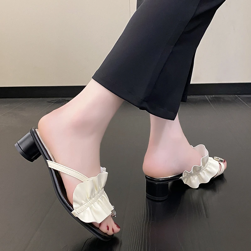 Women's Clip Toe High Heel Slippers 2023 Summer Lace Crystal Design Square Toe Sandal Fashion Sexy Party Women Shoes Gold Silver